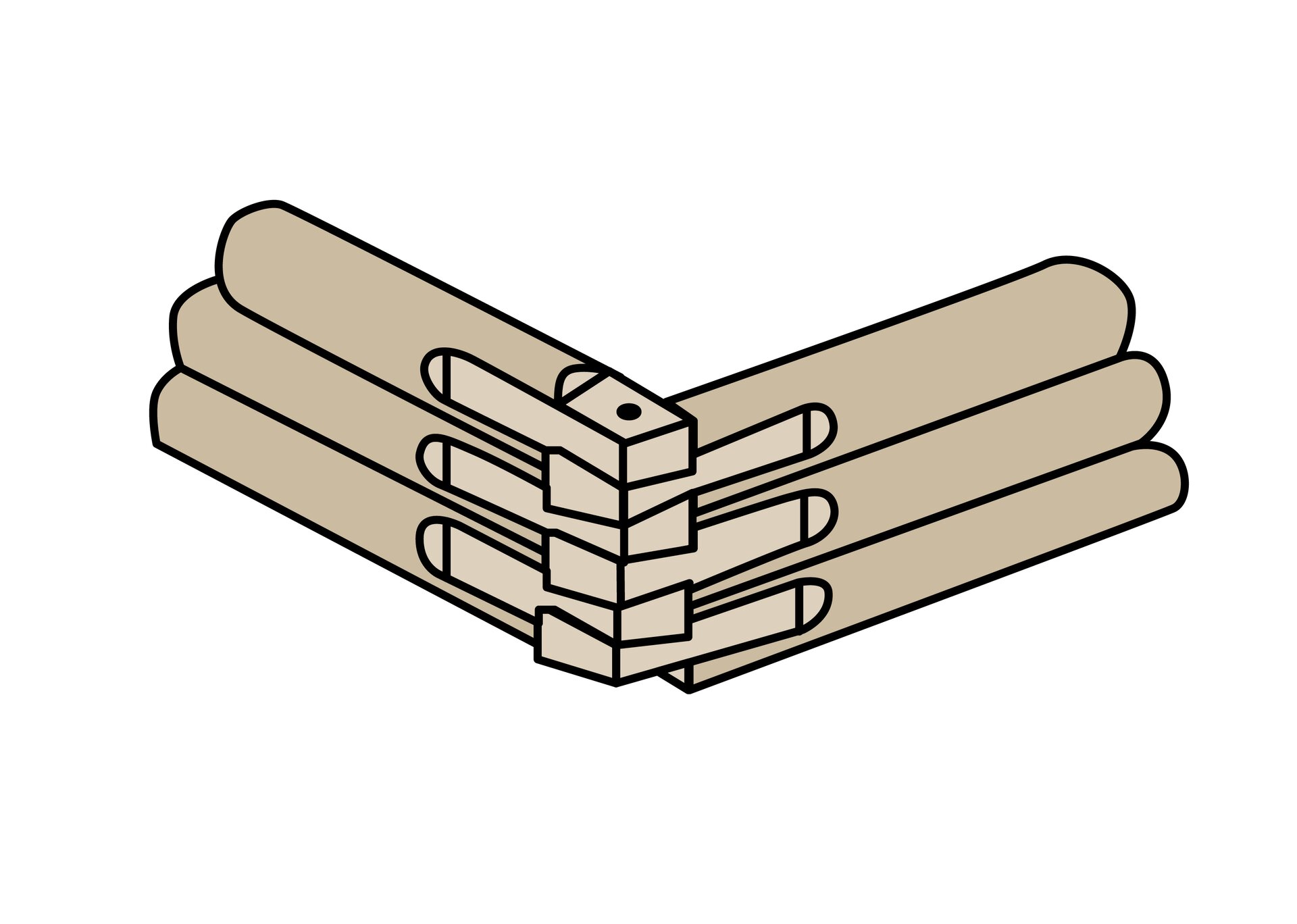 Grafika przedstawia połączenie węgłowe z ostatkami na zakładkę ukośną. Zakończenia belek przycięte są skośnie, zwężając się ku końcowi. Belki ułożone są naprzemiennie w taki sposób, że tworzą naroże.