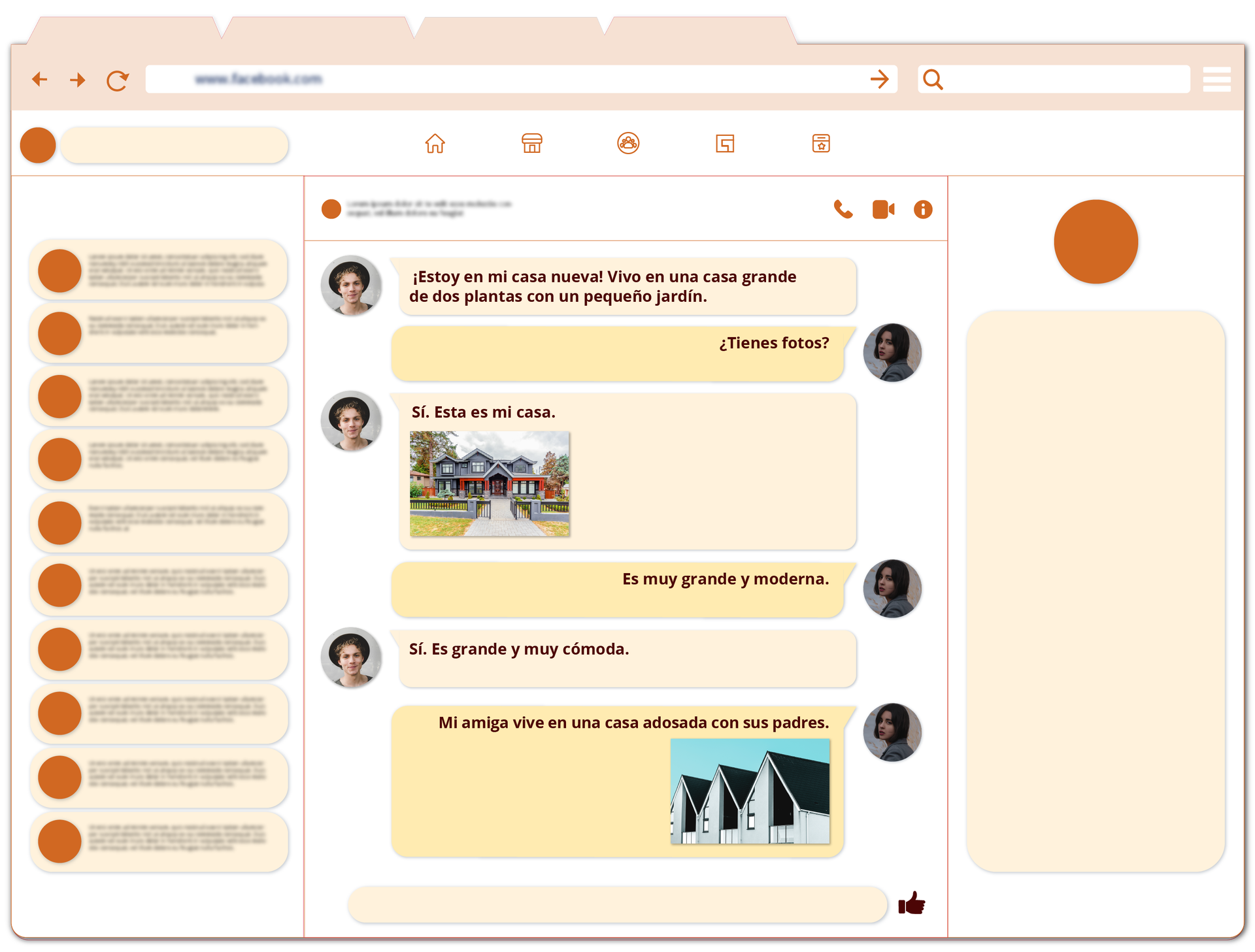 Na grafice znajduje się dialog pomiędzy Pablo i Sandrą: Pablo: ¡Estoy en mi casa nueva! Vivo en una casa grande de dos plantas con un pequeño jardín. Sandra: ¿Tienes fotos? Pablo: Sí. Esta es mi casa. Pablo dołączył zdjęcie swojego domu: ma parter i piętro, jest czerwono szary i ma ogródek. Sandra: Es muy grande y moderna.  Pablo: Sí. Es grande y muy cómoda.  Sandra: Mi amiga vive en una casa adosada con sus padres.  Sandra wysłała zdjęcie białych domów szeregowych z czarnymi dachami. 