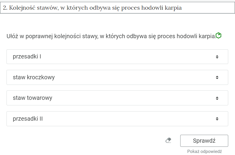 Zdjęcie przedstawia otwartą zakładkę z przykładowym zadaniem. Pod nazwą zakładki znajduje się polecenie. Pod poleceniem widać treść zadania z odpowiedziami do wyboru. Po prawej stronie polecenia widać zielony sześciokąt. Poniżej zadania, po prawej stronie panelu znajduje się ikona sprawdź. Po jej lewej stronie widać symbol gumki. Poniżej przycisku sprawdź znajduje się napis pokaż odpowiedź.