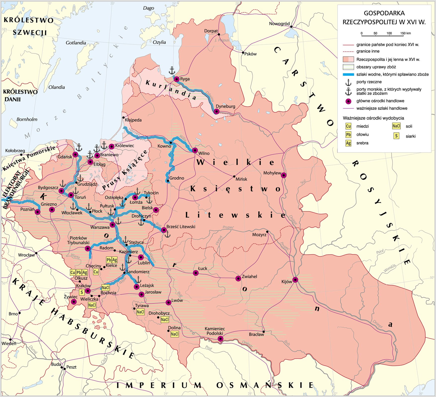 Grafika mapy przedstawiającej gospodarkę Rzeczypospolitej w XVI wieku.