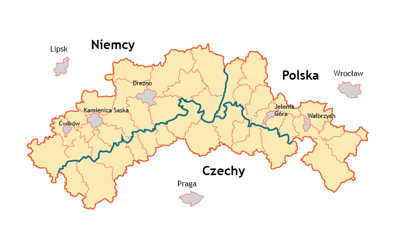 Fragment mapy przedstawia Czarny Trójkąt. Obejmuje on południowe Niemcy w tym Ćwików, Kamienicę Saską, Drezno. Południowo zachodnią Polskę w tym Jelenią Górę i Wałbrzych. Duży ośrodek poza wyznaczonym terenem to Wrocław. Północne Czechy, Duży ośrodek zaznaczony poza wyznaczonym terenem to Praga.