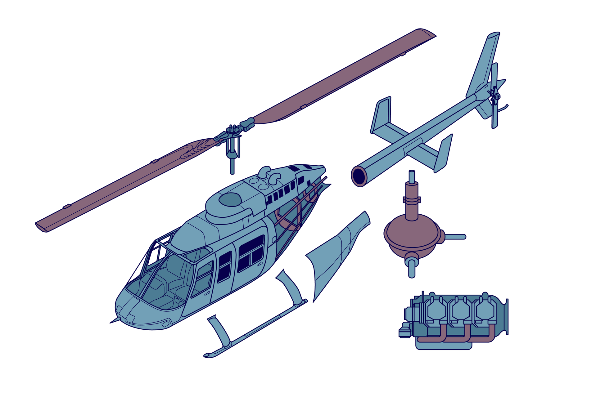 Ilustracja przedstawia główne zespoły konstrukcji śmigłowca. Pokazana jest kabina z kokpitem, podwozie w postaci płóz, silnik, ogon z usterzeniem, napęd wirnika oraz śmigło z dwoma łopatami.