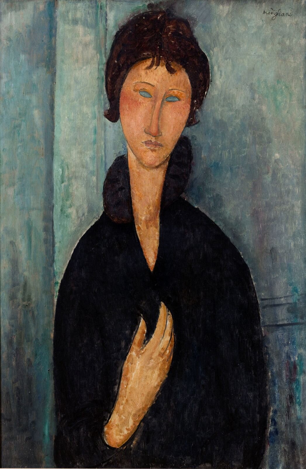 Ilustracja przedstawia obraz "Portret Kobiety o niebieskich oczach" namalowany przez Amadeo Modigliani. Styl tego malarza jest rozpoznawalny, bo wszystkie postacie mają wydłużone kształty, długie szyje i dłonie, niewielkie oczy w formie migdałów. Obraz jest namalowany w zimnych barwach, tylko kolor ciała jest w ciepłych kolorach.