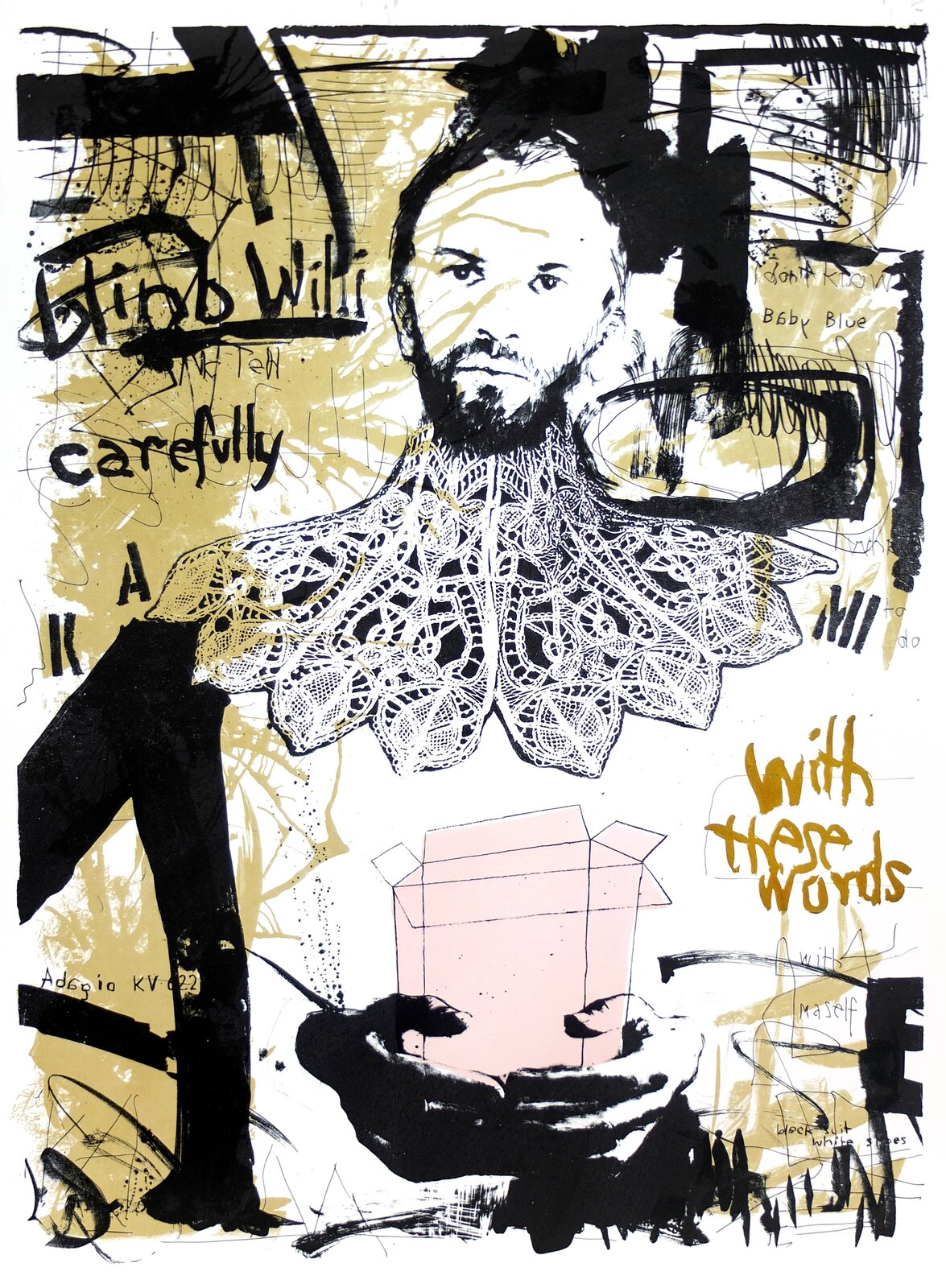 Ilustracja ukazuje głowę mężczyzny zamontowaną na koronkowej podstawie. U dołu znajdują się dłonie trzymające zniekształcone, różowe pudełko. Tłem są czarne i jasnobrązowe napisy oraz plamy i kreski.