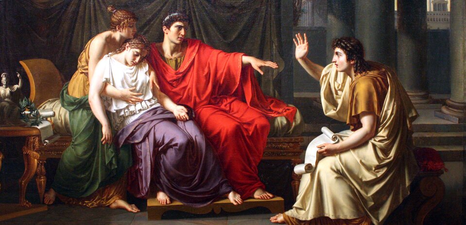 Obraz przedstawia grupę ludzi w togach. Po prawej stronie siedzi nieprzytomna kobieta podtrzymywana przez drugą kobietę. Obok siedzi mężczyzna w czerwonej todze z uniesioną lekko ręką. Patrzy na mężczyznę, który siedzi naprzeciwko niego. Ten ma uniesioną prawą rękę, w lewej trzyma rozwinięty zwój.