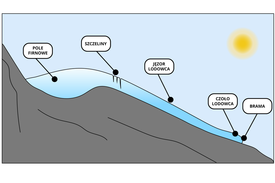 Widoczny jest schemat budowy lodowca górskiego. Lodowiec zaczyna się w miejscu wgłębienia, gdzie znajduje się grubsza warstwa lodu podpisana jako pole firnowe. Następnie w miejscu gdzie występuje spadek lód staje się bardziej cienki - to jęzor lodowca. Na jęzorze występują pionowe wgłębienia, czyli szczeliny. Lodowiec kończy się w dolnej części stoku. Miejsce gdzie się rozpoczyna to czoło lodowca. Z kolei pionowa ściana lodowca w miejscu gdzie się on kończy to jego brama.