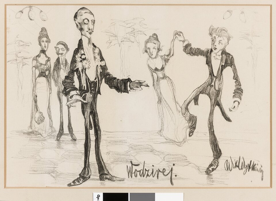 Ilustracja o kształcie poziomego prostokąta przedstawia szkic Witolda Wojtkiewicza „Wodzirej”. Ukazuje groteskowe ujęcie postaci w eleganckich strojach. Z prawej strony widać tańczącą parę. Po lewej stoi wodzirej. Para w tle narysowana jest jaśniejszym odcieniem. U dołu znajduje się sygnatura artysty.