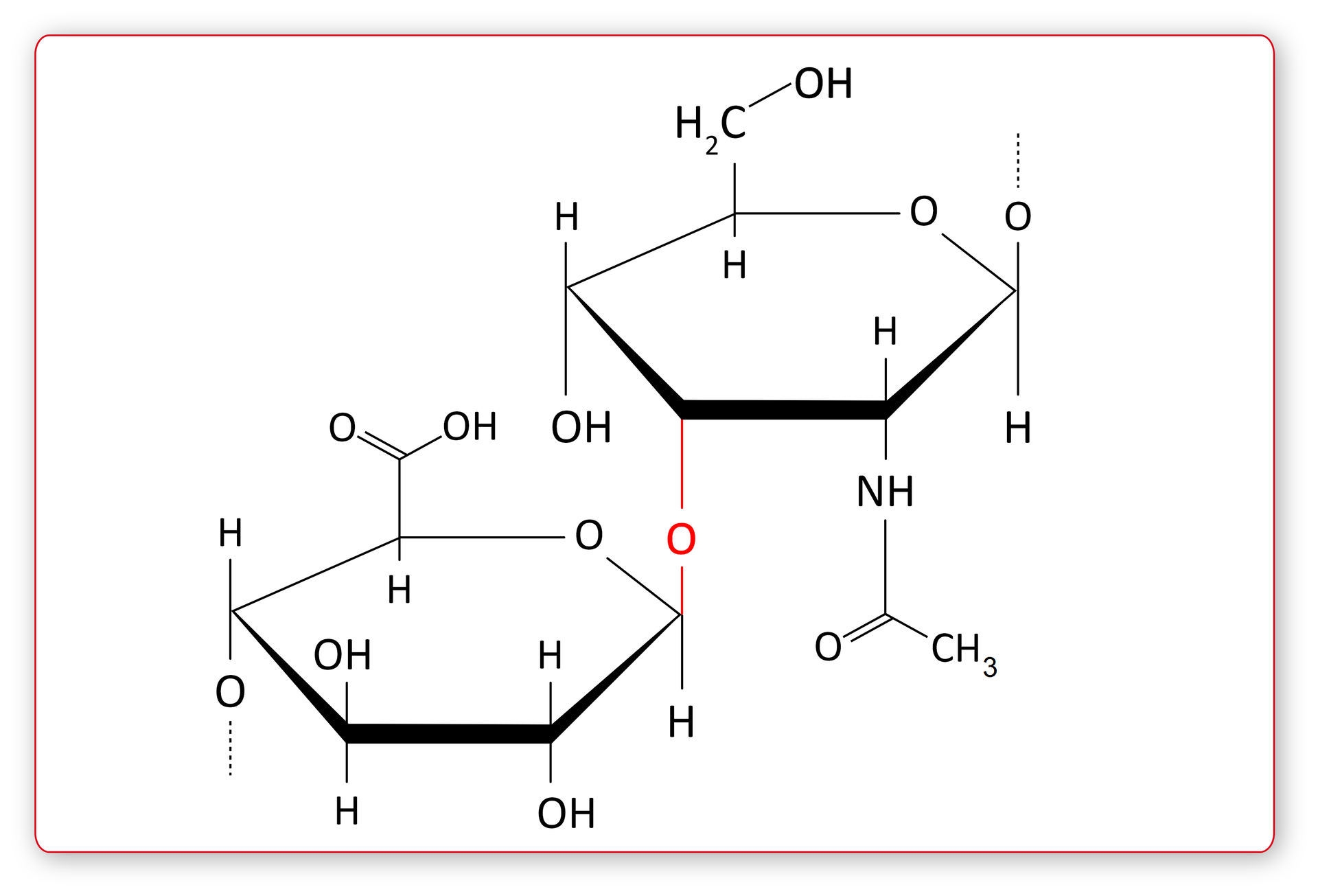 Na ilustracji jest wzór strukturalny kwasu hialuronowego. Tworzą go dwa sześcioczłonowe pierścienie - to mer kwasu D‑glukuronowego i N‑acetylo‑D-glukozaminy, połączone są wiązaniem    β   (   1   →   4   )  i    β   (   1   →   3   )  glikozydowym. 