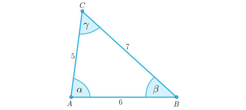 Ilustracja przedstawia trójkąt A B C o kątach wewnętrznych przy wierzchołku A kąt alfa, przy wierzchołku B kąt beta, a przy wierzchołku C kąt gamma. Długość podstawy A B wynosi sześć jednostek. Długość ramienia A C wynosi pięć, natomiast ramię B C ma długość siedem. 