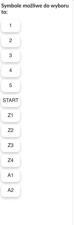 Przykładowy widok rozwiniętej listy. Od góry do dołu widoczne są przyciski: 1; 2; 3; 4; 5; START; zet jeden, zet dwa; zet trzy; zet cztery; a jeden; a dwa.