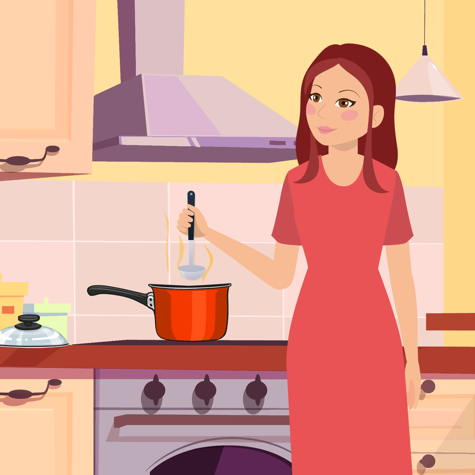 Ilustracja przedstawia kuchnię, w której mama  Mii, stoi przy kuchence i łyżką wazową nabiera coś z rondelka. 