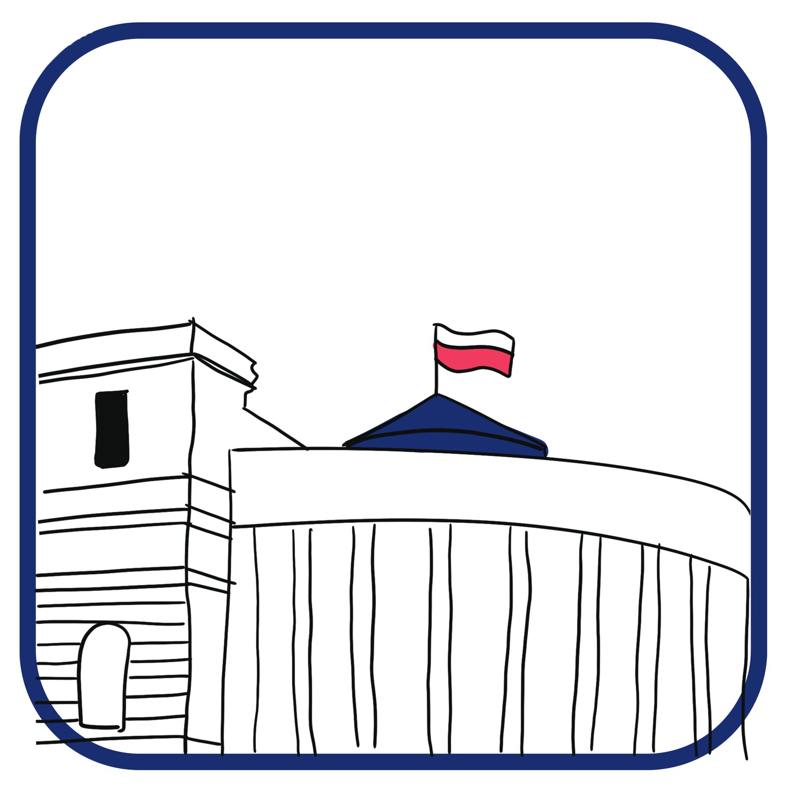 Budynek Sejmu, z widokiem na półokrągłą fasadę. Na budynku powiewa biało-czerwona flaga Polski.