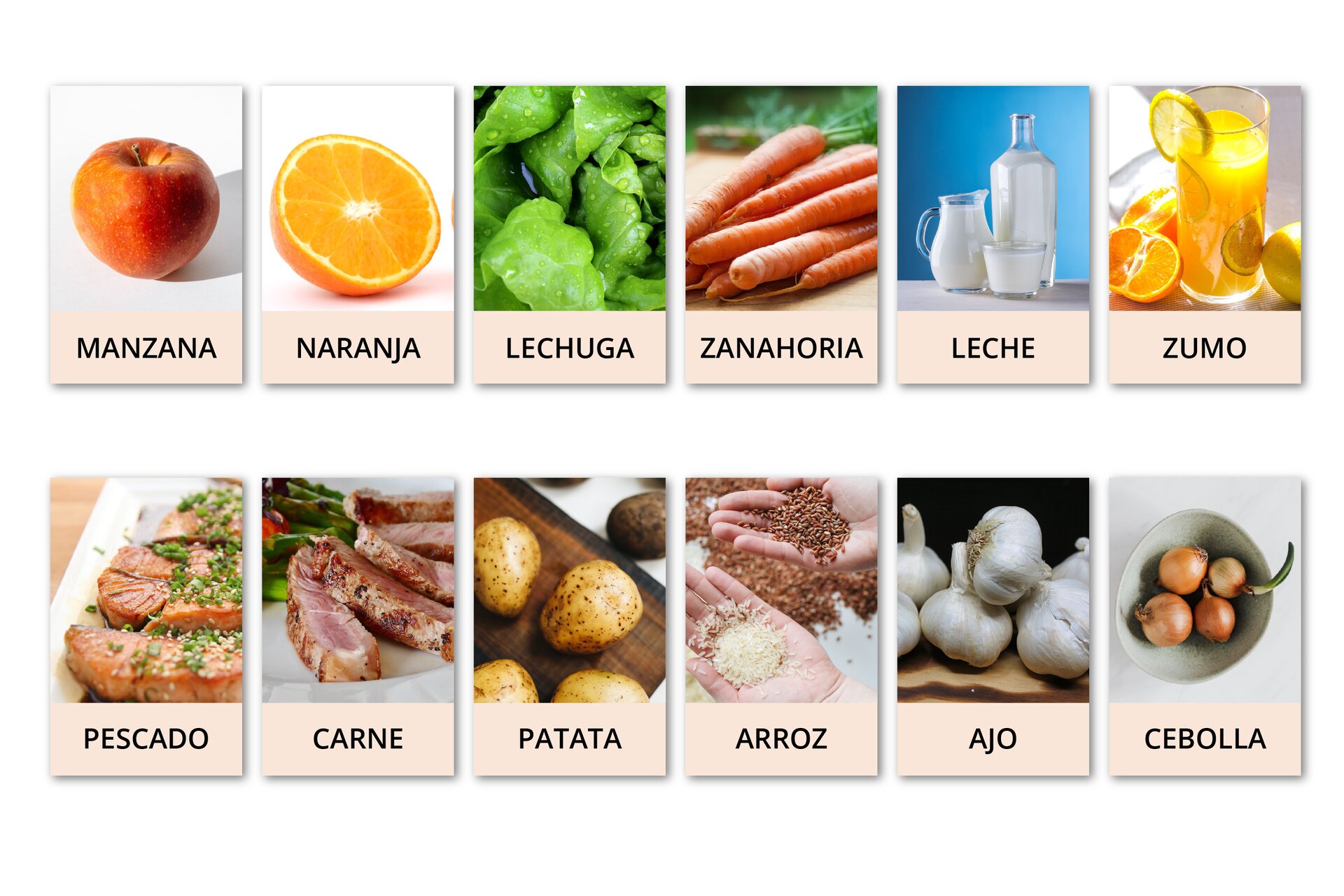 Grafika przedstawia dwanaście zdjęć z podpisami. W kolejności: jabłko - manzana, pomarańcza - naranja, zielone liście zroszone wodą - lechuga,  marchewki - zanahoria, butelka, dzbanek i szklanka pełne mleka - leche, szklanka soku pomarańczowego z plastrami pomarańczy - zumo, kawałki pieczonej ryby - pescado, kawałki pieczonego mięsa - carne, ziemniaki - patata, ziarna ryżu białe i brązowe - arroz, czosnek - ajo, cebula - cebolla.