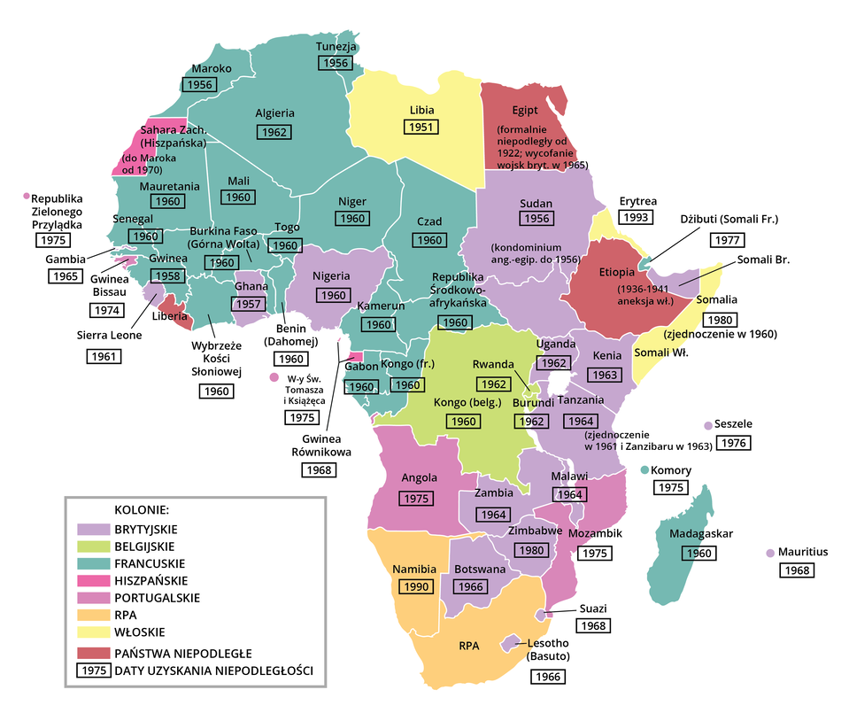 Mapa przedstawia kontynent afrykański. Zaznaczono na nim kolonie brytyjskie, belgijskie, francuskie, hiszpańskie, portugalskie, RPA i włoskie (każda z nich wraz z rokiem odzyskania niepodległości) oraz państwa niepodległe. Kolonie brytyjskie: Sudan, Sierra Leone, Ghana, Nigeria, Somali, Uganda, Kenia, Tanzania, Malawi, Zambia, Zimbabwe, Botswana, Suazi, Lesotho, Seszele, Mauritius, Republika Zielonego Przylądka. Kolonie belgijskie: Rwanda, Kongo. Kolonie francuskie: Maroko, Algieria, Tunezja, Mauretania, Mali, Senegal, Gwinea, Burkina Faso, Togo, Niger, Czad, Republika środkowo‑Afrykańska, Kamerun, Gabon, Kongo, Komory i Madagaskar. Kolonie hiszpańskie: Sahara Zachodnia. Kolonie Portugalskie: Angola, Mozambik. Kolonie RPA: Namibia, RPA. Kolonie włoskie: Libia, Erytrea, Somalia i Somali, a także państwa niepodległe: Egipt, Etiopia, Liberia.