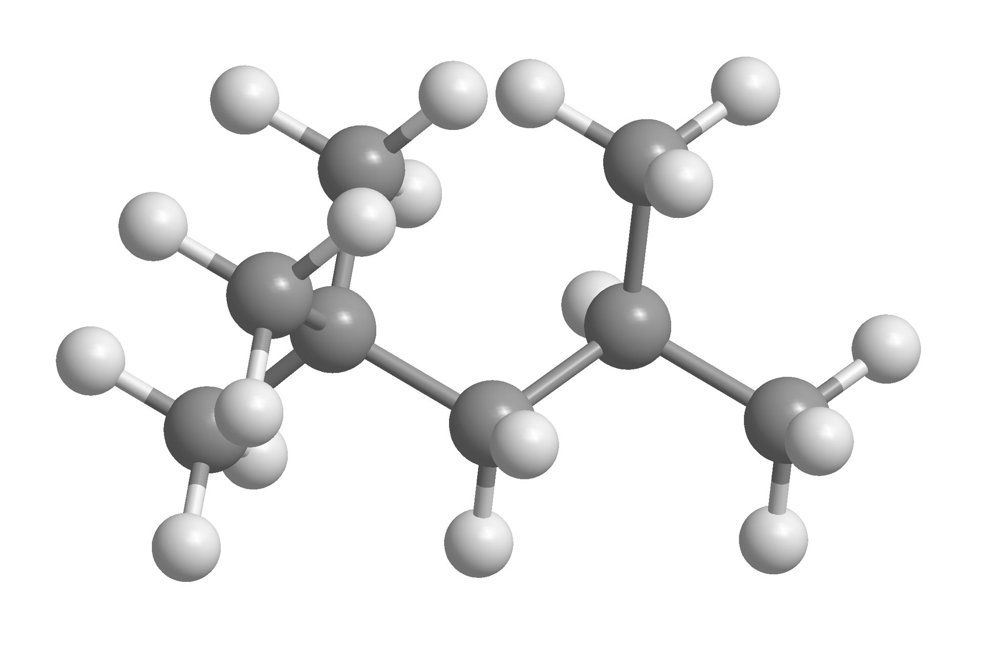 Ilustracja przedstawia model kulkowo‑pręcikowy izooktanu. Zbudowany jest z ośmiu szarych kulek reprezentujących atomy węgla i osiemnastu białych kulek odpowiadających atomom wodoru. łańcuch główny składa się z pięciu atomów węgla, które to podstawione są w pozycjach drugiej i czwartej w sumie trzema grupami metylowymi. Zatem strukturę stanowi atom węgla podstawiony trzema grupami metylowymi CH3 i związany z grupą metylenową CH2 połączoną z grupą CH, która to podstawiona jest dwiema grupami metylowymi CH3. Kąty pomiędzy poszczególnymi atomami wynoszą po około sto dziewięć stopni.
