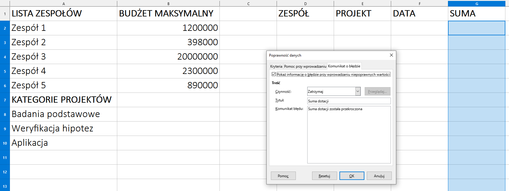 Ilustracja przedstawia arkusz kalkulacyjny. W komórce A1 jest napis: Lista zespołów, w A7 Kategorie projektów, w B1 Budżet maksymalny, w D1 Zespół, w E1 Projekt, w F1 Data, w G1 Suma. Tam, gdzie Zespół, Projekt, Data, Suma komórki kolumn są puste. Zaznaczono na niebiesko komórki kolumny G o nazwie Suma. Na tle arkusza wyświetla się okno dialogowe o nazwie: Poprawność danych. Wybrano zakładkę: Komunikat o błędzie. Tam zaznaczono: Pokaż informację o błędzie przy wprowadzaniu niepoprawnych wartości. W opcji Treść znajdują się: Czynność - Zatrzymaj, Tytuł - Suma dotacji, Komunikat błędu - Suma dotacji została przekroczona. Zastosowano przycisk OK.