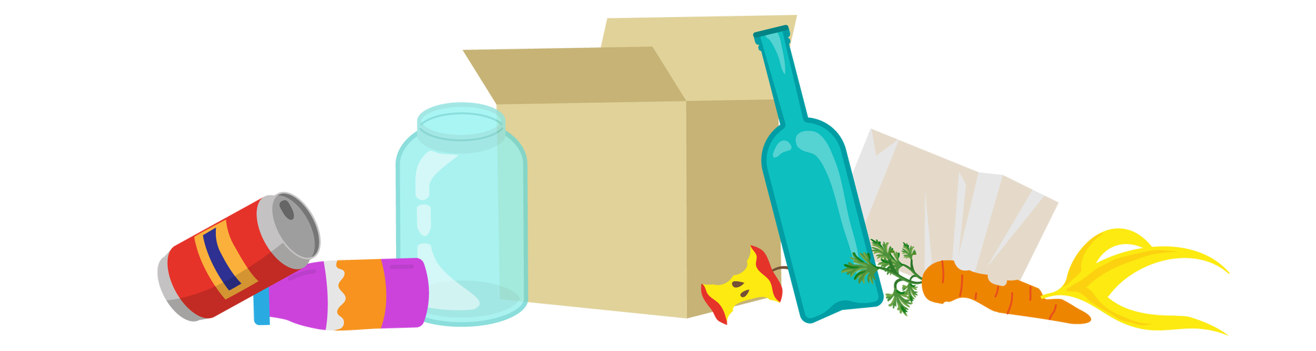 Ilustracja przedstawia różnego rodzaju odpady. Po lewej stronie leży czerwona, metalowa puszka i fioletowa, plastikowa butelka z niebieską nakrętką. Dalej, na prawo, stoi pusty słoik bez nakrętki. Na środku znajduje się otwarty karton. Obok niego leży ogryzek po jabłku oraz szklana butelka z długą szyjką. Przy butelce leży leży foliowa torebka, nadgryziona marchewka i skórka po bananie.