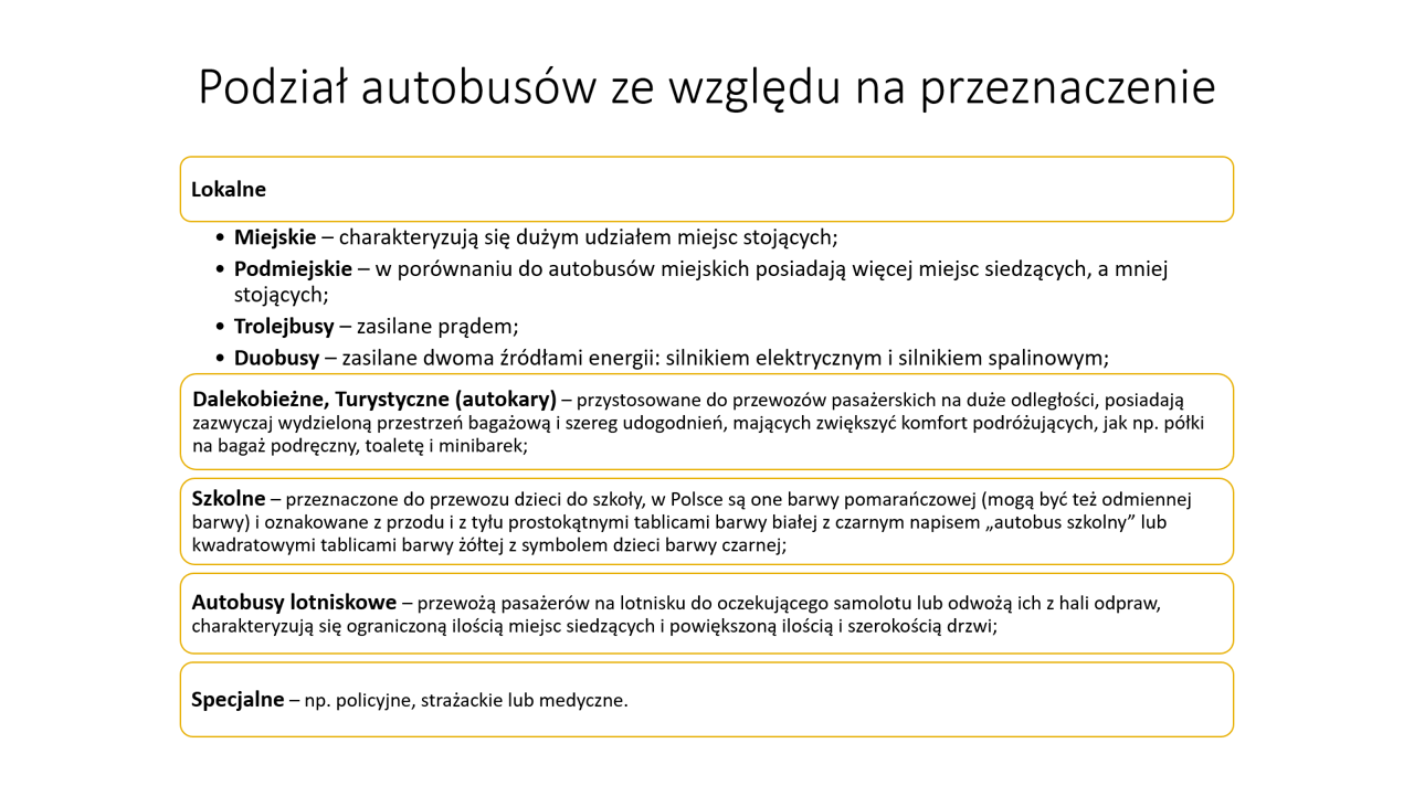 Ilustracja przedstawia podział autobusów ze względu na przeznaczenie. Dzielą się one na lokalne, dalekobieżne, szkolne, lotniskowe i specjalne. Lokalne dzielą się też na cztery rodzaje. Miejskie, które charakteryzują się dużym udziałem miejsc stojących. Podmiejskie, które w porównaniu do autobusów miejskich posiadają więcej miejsc siedzących, a mniej stojących. Trolejbusy, które są zasilane prądem. Duobusy, które są zasilane dwoma źródłami energii, silnikiem elektrycznym i silnikiem spalinowym. Autobusy dalekobieżne, inaczej turystyczne lub autokary, przystosowane są do przewozów pasażerskich na duże odległości, posiadają zazwyczaj wydzieloną przestrzeń bagażową i szereg udogodnień, mających zwiększyć komfort podróżujących, jak na przykład półki na bagaż podręczny, toaletę i minibarek. Autobusy szkolne, przeznaczone są do przewozu dzieci do szkoły, w Polsce są one barwy pomarańczowej, ale mogą być też innego koloru, są oznakowane z przodu i z tyłu prostokątnymi tablicami barwy białej z czarnym napisem "autobus szkolny". Autobusy lotniskowe, przewożą pasażerów na lotnisku do oczekującego samolotu lub odwożą ich z hali odpraw, charakteryzują się ograniczoną liczbą miejsc siedzących i powiększoną ilością i szerokością drzwi. Autobusy specjalne to na przykład autobusy policyjne, strażackie lub medyczne.