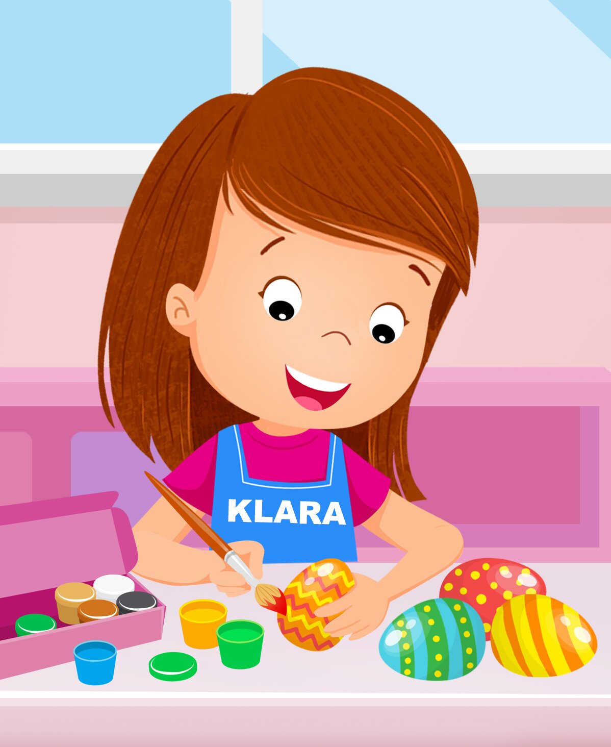 Ilustracja przedstawia Klarę malującą pisanki.