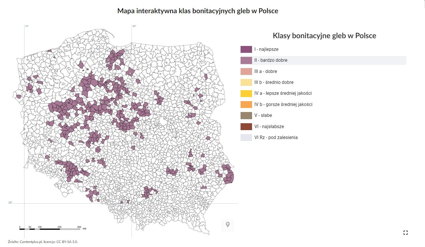 Mapa interaktywna klas botanicznych gleb w Polsce. Na ilustracji widać mapę Polski podzieloną na wiele obszarów. Klasy bonitacyjne gleb w Polsce. Lista elementów: I - najlepsze. II - bardzo dobre. III a - dobre. III b - średnio dobre. IV a - lepsze średniej jakości. IV b - gorsze średniej jakości. V - słabe. VI - najsłabsze. VI Rz - pod zalesienia. Klasy rozmieszczone są w różnych miejscach na mapie Polski. Zaznaczona została klasa II - bardzo dobra. Gleby z tej klasy zostały podświetlone kolorem jasnofioletowy. Reszta obszarów nie jest zamalowana. 