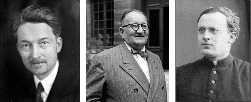 Ilustracja przedstawia trzy zdjęcia. Pierwsze zdjęcie przedstawia dojrzałego mężczyznę. Ma zaczesane do tyłu włosy, prostokątną twarz oraz krótko przystrzyżoną brodę z wąsami. Ubrany jest w garnitur. Drugie zdjęcie przedstawia starszego mężczyznę. Jest łysiejący, ma nadwagę, widoczny jest drugi podbródek. Jest lekko uśmiechnięty, ma okulary w okrągłych oprawkach i ubrany jest w garnitur. Trzecie zdjęcie przedstawia mężczyznę w stroju księdza z koloratką. Ma krótkie włosy, okulary w cienkich, okrągłych oprawkach oraz prostokątną twarz. 