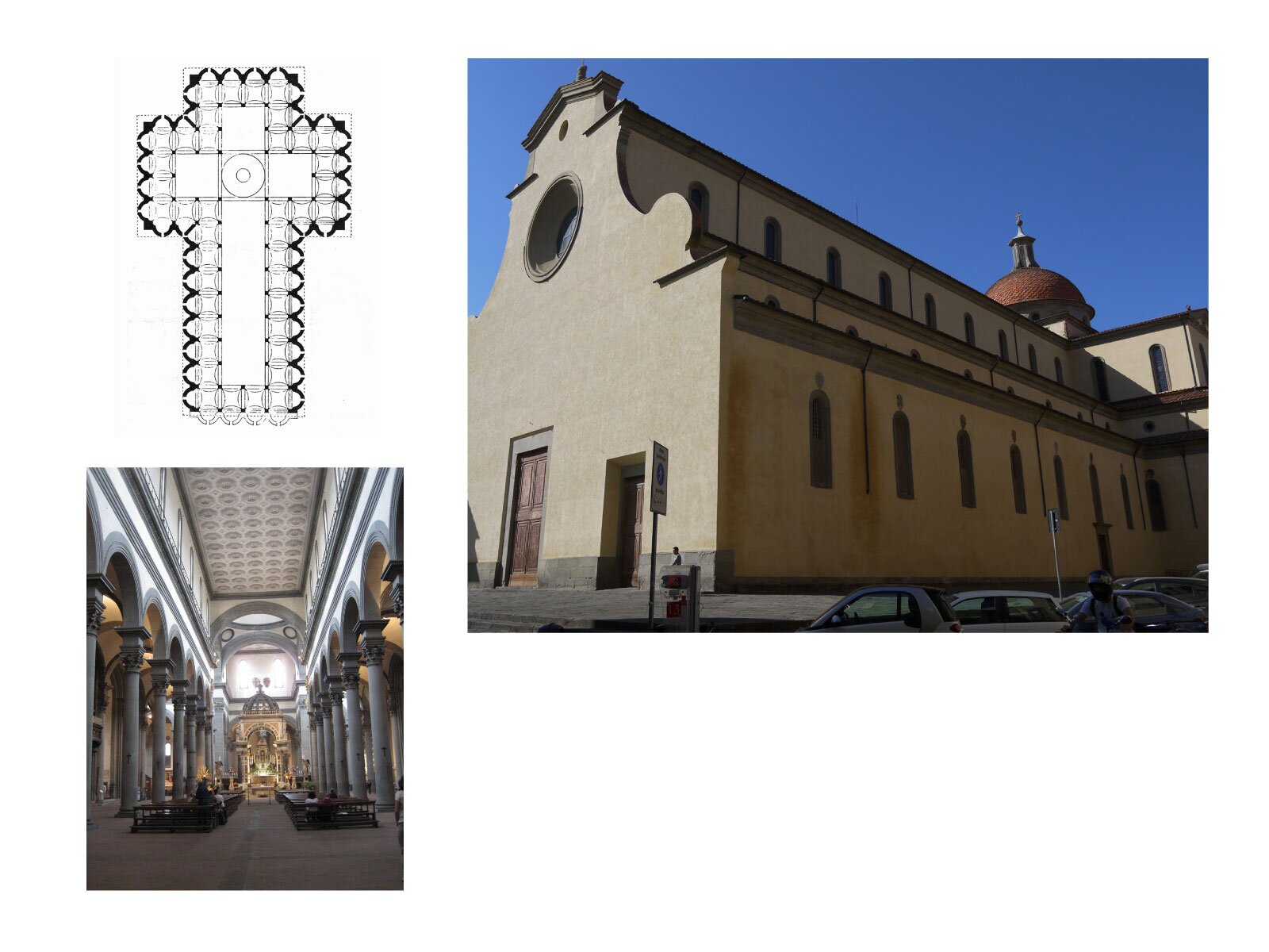 Ilustracja przedstawia zdjęcia bryły i wnętrza Bazyliki Santo Spirito  we Florencji, (Włochy). Po lewej stronie umieszczony został plan podłużny budowli, oparty na krzyżu łacińskim z kopułą na przecięciu naw. Puste miejsce w nawie głównej i poprzecznej na planie oznaczają płaski strop budowli. Dookoła świątyni ciągnie się obejście oddzielone od nawy głównej kolumnami (kropki na planie). 