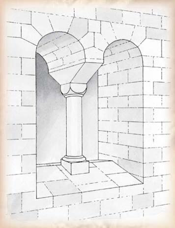 Ilustracja przedstawia podwójne okno romańskie – biforium. Jest to podwójne okno z półkolistym zwieńczeniem obu połówek i rozdzielającą je masywną kolumienką. Charakterystyczną cechą tego okna jest także rozglifowanie, czyli rozszerzanie się otworu okiennego od środka grubości muru w kierunku jego zewnętrznej krawędzi. Biforium jest otoczone ceglanym murem.