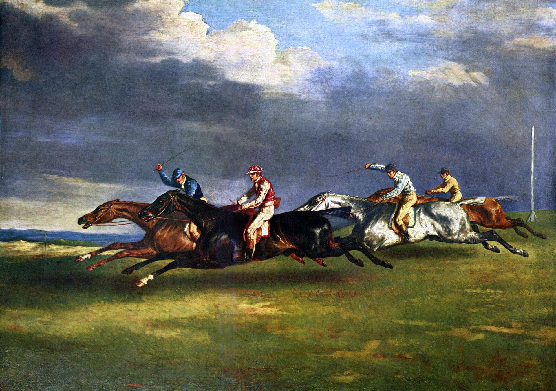 Ilustracja przedstawia obraz Théodore'a Géricault'a „Wyścigi konne w Epsom”. Ukazuje wyścigi konne. Konie w galopie mają jednocześnie wysunięte tylne i przednie nogi, co podkreśla fazy ruchu. Dynamikę wyścigów konnych oddają zarówno pozy koni, jak i jeźdźców – każdemu z nich malarz nadał indywidualnego charakteru. W scenie dominują układy horyzontalne – układ pędzących koni, płaski pejzaż współgrają. Dynamikę podkreśla studium nieba z niepokojącymi chmurami.