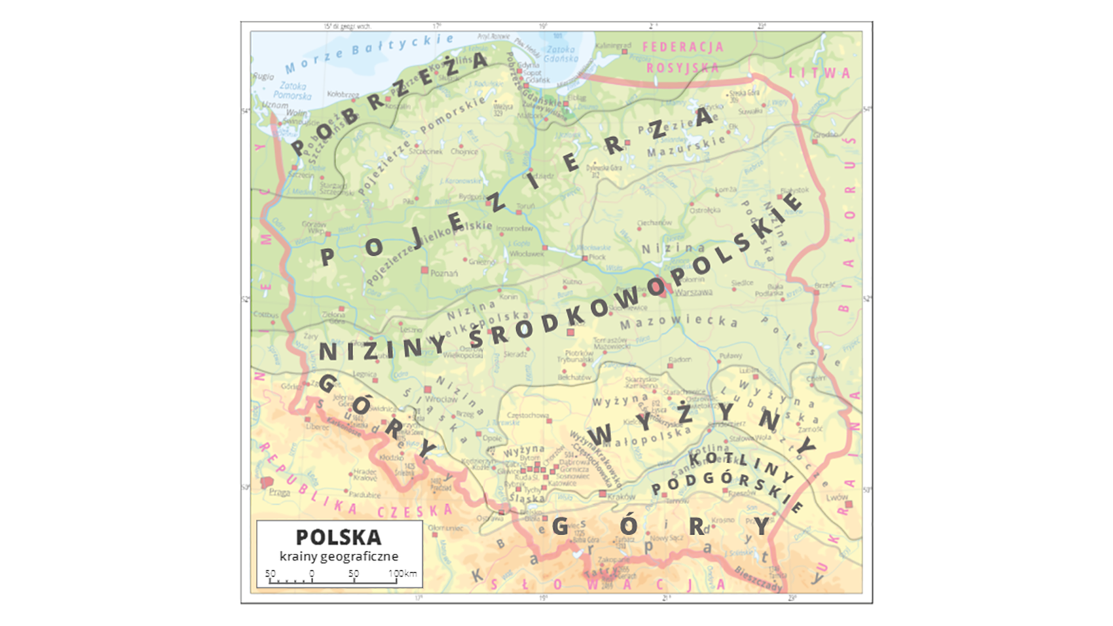 Aktywna mapa Polski z zaznaczonymi pasami poszczególnych krajobrazów Polski. Od północy są to kolejno pasy: pobrzeży, pojezierzy, nizin środkowopolskich, wyżyn, kotlin podgórskich, gór.