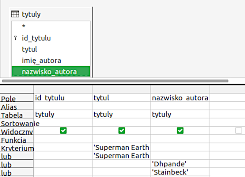 Ilustracja zawiera zrzut ekranu z programu. W górnej części grafiki widnieje kwadratowe pole zawierające informację o tytułach takie jak id tytułu, tytuł, imię autora oraz nazwisko autora. Poniżej widoczna jest tabela zawierająca szczegółowe dane dotyczące tytułów.
