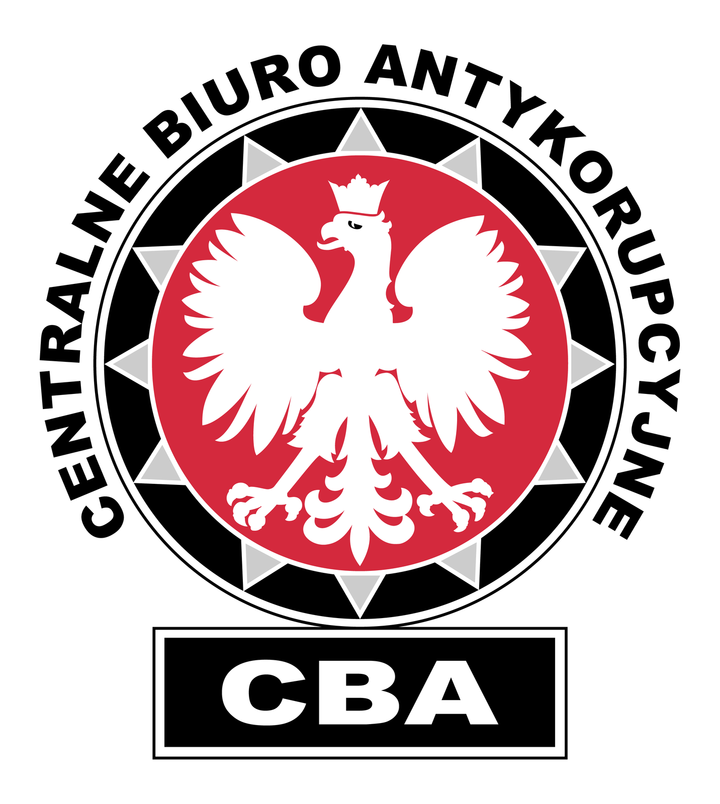 Ilustracja przedstawia okrągłe logo CBA. Koło z czarną ramką. Wnętrze koła czerwone. Na tle czerwonego koła biały orzeł z koroną na głowie. Głowa skierowana w lewo. Wokół czerwonego koła trójkątne srebrne wypustki. Wokół czarnej obwódki koła czarny napis: Centralne Biuro Antykorupcyjne. Poniżej koła czarny poziomy prostokąt. Na powierzchni prostokąta trzy białe litery: CBA.