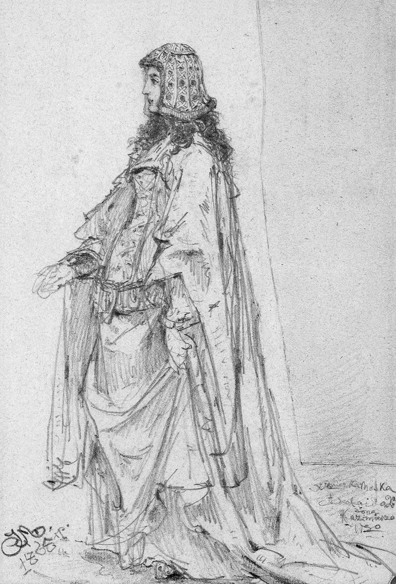 Rysunek przedstawia młodą dziewczynę ubraną w królewskie szaty. Powłóczystą suknię ma okrytą płaszczem. Na głowie ma zdobiony czepiec w formie ściętego stożka. Postać kobiety stoi do widza bokiem, prezentując swój lewy profil. Prawa ręką podtrzymuje fałdy drapowanej sukni, lewą ma wyciągniętą do przodu w geście przywitania.