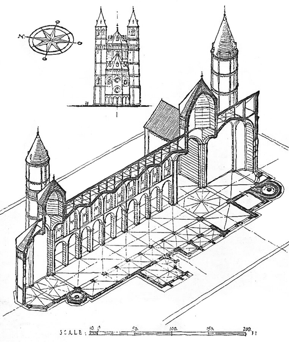 Ilustracja o kształcie kwadratu przedstawia przekrój kościoła Świętego Piotra w Wormacji na terenie Niemiec oraz niewielki rysunek ujęcia frontalnego budowli, zamieszczony w górnej części. Na przekroju widoczna jest arkadowa ściana oddzielająca nawę główna od bocznej oraz fragment budowli z transeptem i wieżami. U dołu, odpowiadający układowi plan. Powyżej prezentowany został front kościoła. Na górze zdjęcia widoczny jest także kompas, a na dole napis zawierający nazwę budowli.  