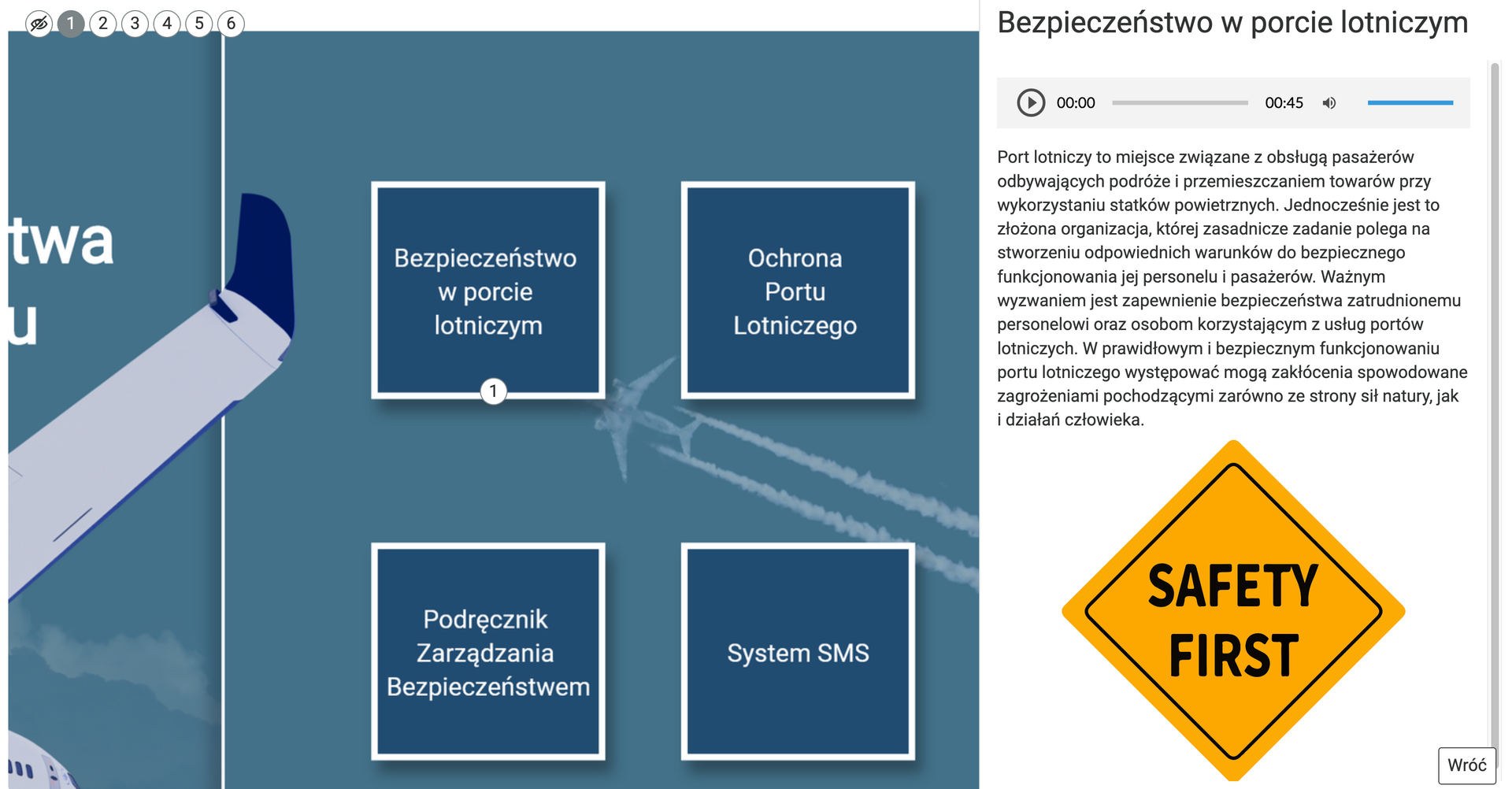 Zrzut ekranu pokazuje przykładowy opis na planszy interaktywnej. Z lewej strony jest widoczny punkt interaktywny. Z prawej widać otwarte okno z tytułem, tekstem oraz nagraniem dźwiękowym tożsamym z tekstem.