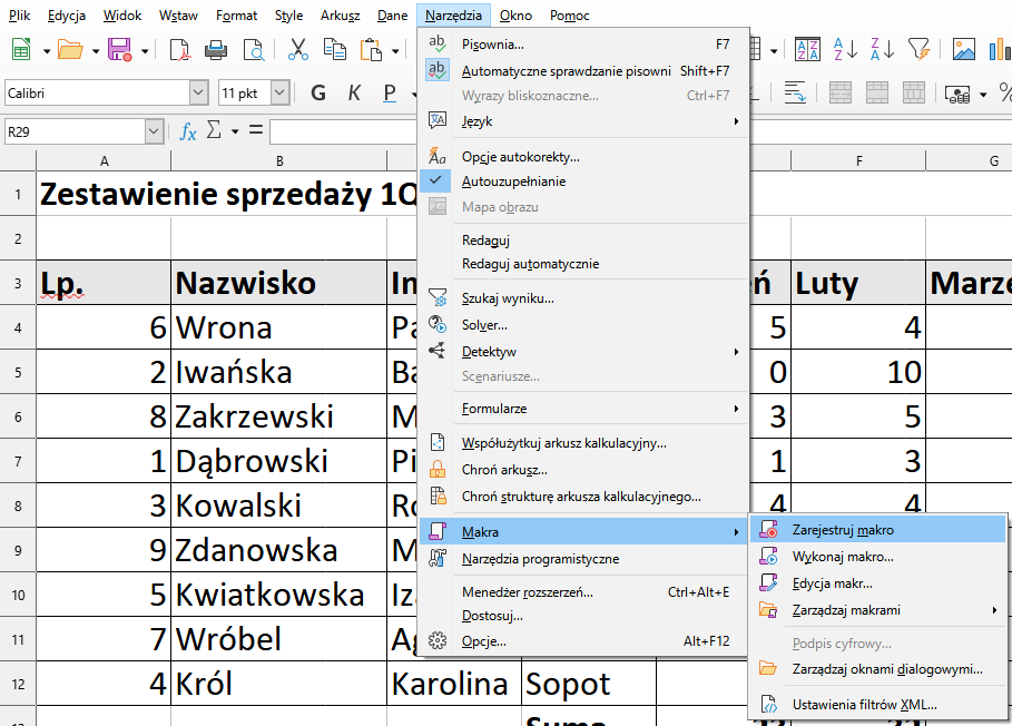 Ilustracja przedstawia okno programu z tabelą dotycząca zestawienia sprzedaży. Z menu wybrano zakładkę Narzędzia, z listy wybrano makra, a następnie Zarejestruj makro.  