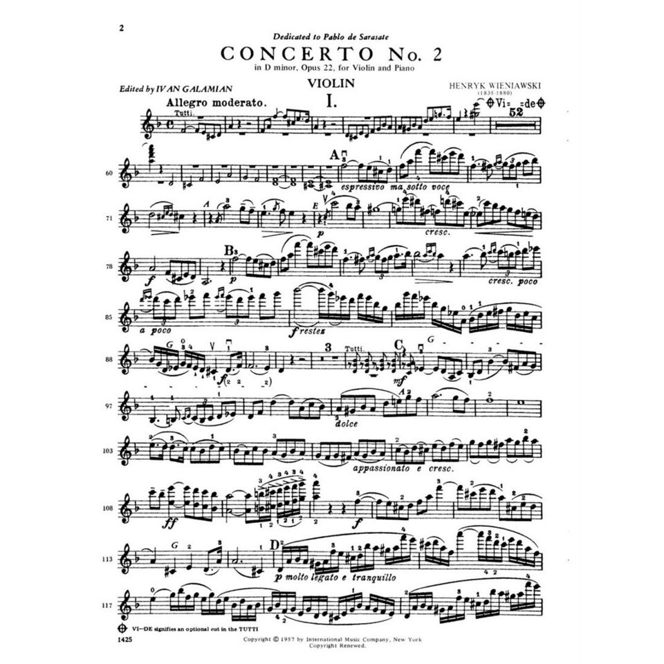 Ilustracja przedstawia pierwszą stronę zapisu nutowego koncertu „II Koncertu Skrzypcowego d‑moll” (partia skrzypiec solo).
