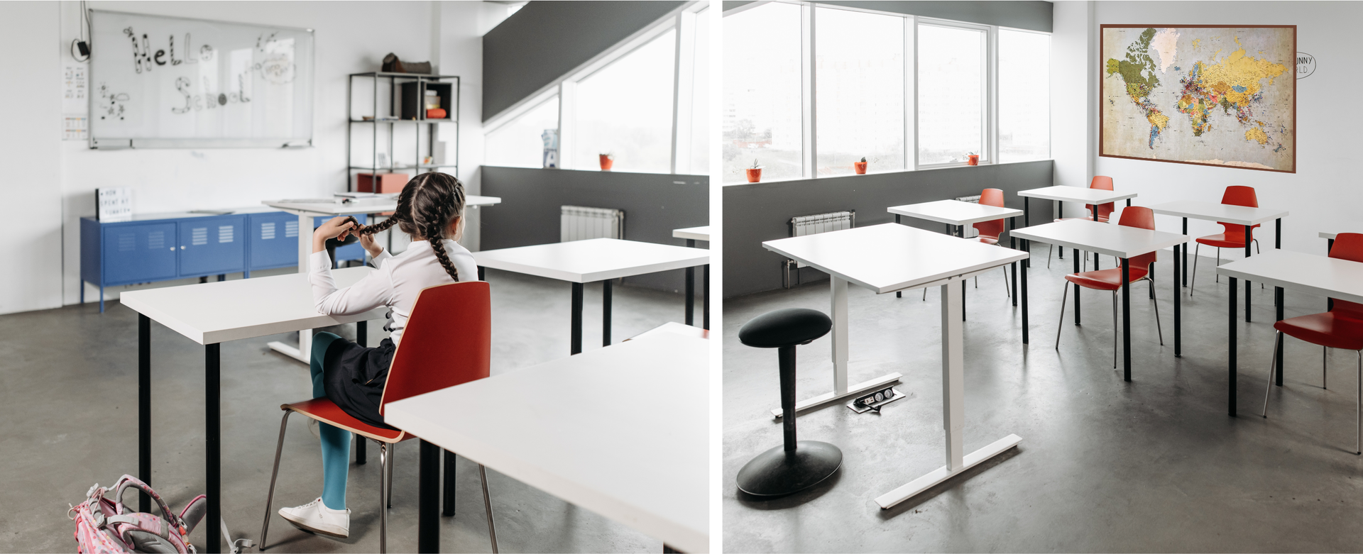 Ilustracja składa się z dwóch zdjęć. Na zdjęciu po lewej widoczna jest klasa szkolna. W klasie widoczne są ławki, przy jednej ławce siedzi uczennica. Obok ławki leży jej plecak. Na ścianie wisi tablica. Po prawej stronie tablicy stoi regał. Na zdjęciu po prawej widoczna jest klasa szkolna. W dwóch rzędach po trzy ustawione są ławki z krzesłami. Na środku stoi biurko i stołek dla osoby prowadzącej zajęcia. W tle na ścianie wisi mapa świata. W sali nie ma osób. 