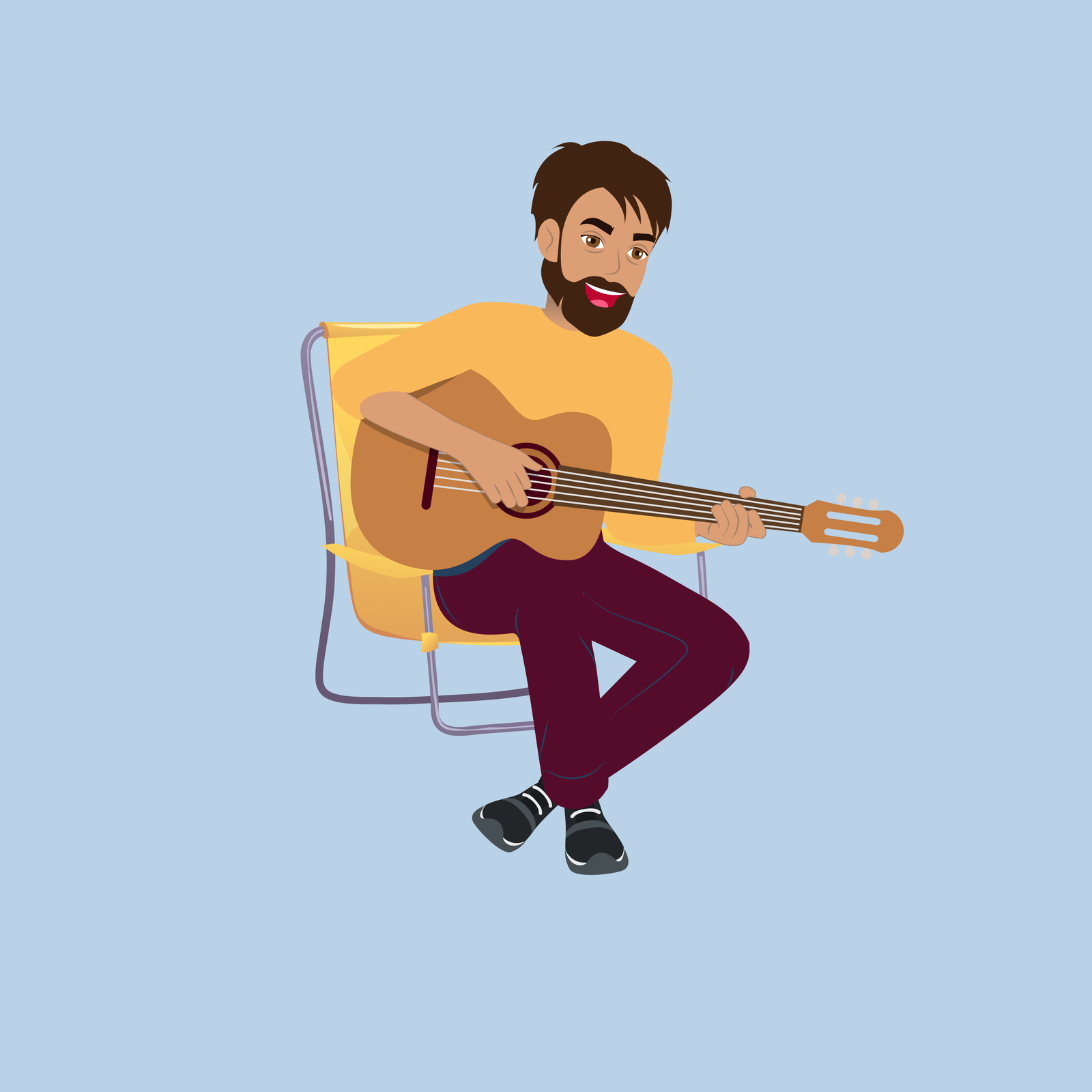 Ilustracja przedstawia tatę, siedzącego na rozkładanym krzesełku. Mężczyzna trzyma gitarę.