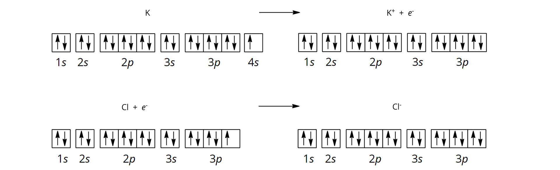 Ilustracja przedstawia powstawanie jonów potasowych i chlorkowych. Atom potasu strzałka w prawo, za strzałką kation potasowy K+ dodać elektron e-. W zapisie klatkowym dla atomu potasu: w pierwszej klatce 1s dwie strzałki, jedna skierowana do góry, zaś druga do dołu, w drugiej klatce 2s dwie strzałki, jedna skierowana do góry, zaś druga do dołu, dalej w trzech klatkach dla 2p po dwie strzałki w każdej, jedna skierowana do góry, zaś druga do dołu, dalej klatka 3s, w której znajdują się dwie strzałki, jedna skierowana do góry, zaś druga do dołu, w trzech klatkach dla 3p znajdują się po dwie strzałki w każdej, jedna skierowana do góry, zaś druga do dołu, dla 4s jedna klatka, w której znajduje się jedna strzałka skierowana do góry. Strzałka w prawo, za strzałką zapis klatkowy dla kationu potasu: w pierwszej klatce 1s dwie strzałki, jedna skierowana do góry, zaś druga do dołu, w drugiej klatce 2s dwie strzałki, jedna skierowana do góry, zaś druga do dołu, dalej w trzech klatkach dla2p po dwie strzałki w każdej, jedna skierowana do góry, zaś druga do dołu, dalej klatka 3s, w której znajdują się dwie strzałki, jedna skierowana do góry, zaś druga do dołu, w trzech klatkach dla 3p znajdują się po dwie strzałki w każdej, jedna skierowana do góry, zaś druga do dołu. Atom chloru dodać elektron e-, strzałka w prawo, za strzałką anion chlorkowy Cl-. Poniżej zapis: w pierwszej klatce 1s dwie strzałki, jedna skierowana do góry, zaś druga do dołu, w drugiej klatce 2s dwie strzałki, jedna skierowana do góry, zaś druga do dołu, dalej w trzech klatkach dla 2p po dwie strzałki w każdej, jedna skierowana do góry, zaś druga do dołu, dalej klatka 3s, w której znajdują się dwie strzałki, jedna skierowana do góry, zaś druga do dołu, w trzech klatkach dla 3p znajdują się po dwie strzałki w dwóch pierwszych klatkach, jedna skierowana do góry, zaś druga do dołu, w trzeciej klatce znajduje się jedna strzałka skierowana do góry. Strzałka w prawo, za strzałką anion chlorkowy. Poniżej w pierwszej klatce 1s dwie strzałki, jedna skierowana do góry, zaś druga do dołu, w drugiej klatce 2s dwie strzałki, jedna skierowana do góry, zaś druga do dołu, dalej w trzech klatkach dla 2p po dwie strzałki w każdej, jedna skierowana do góry, zaś druga do dołu, dalej klatka 3s, w której znajdują się dwie strzałki, jedna skierowana do góry, zaś druga do dołu, w trzech klatkach dla 3p znajdują się po dwie strzałki w każdej, jedna skierowana do góry, zaś druga do dołu.