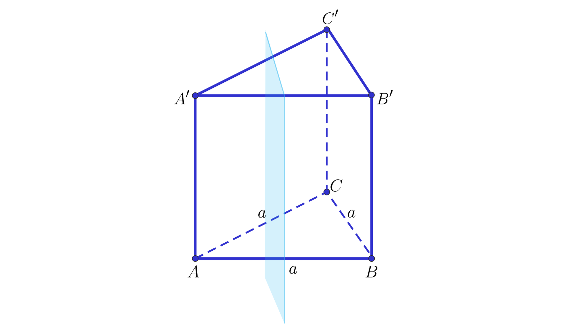 Grafika przedstawia graniastosłup prawidłowy trójkątny, w którym wierzchołki dolnej podstawy to: A, B, C, a wierzchołki górnej podstawy to A', B', C'. Krawędzie podstawy są podpisane literą a. Przez graniastosłup przechodzi pionowa płaszczyzna, w taki sposób, że przecina obie podstawy graniastosłupa oraz jego dwie ściany.
