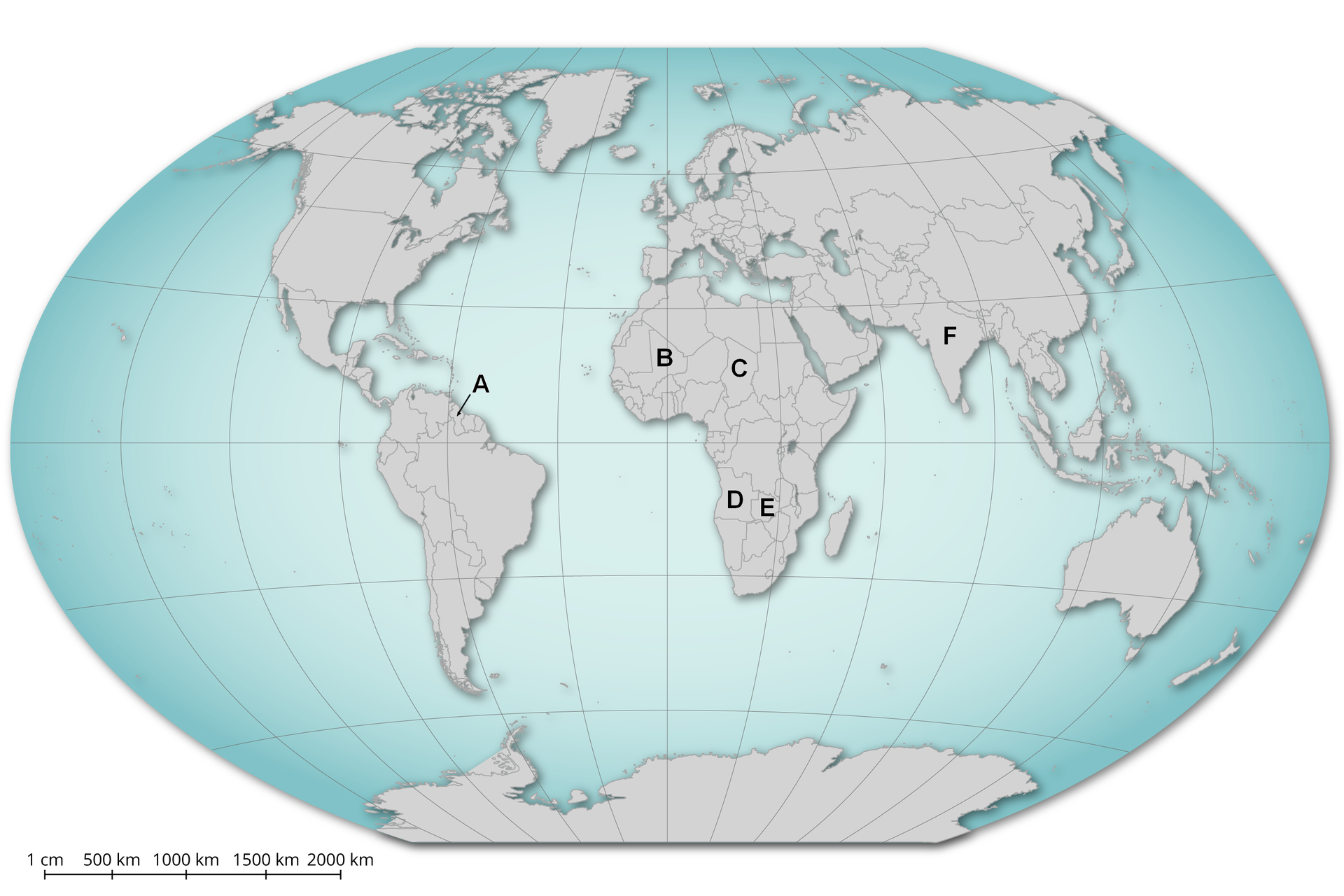 Na mapie świata literą A zaznaczono Gujanę, B - Mali, C - Czad, D - Angolę, E - Zambię, F - Indie. 
