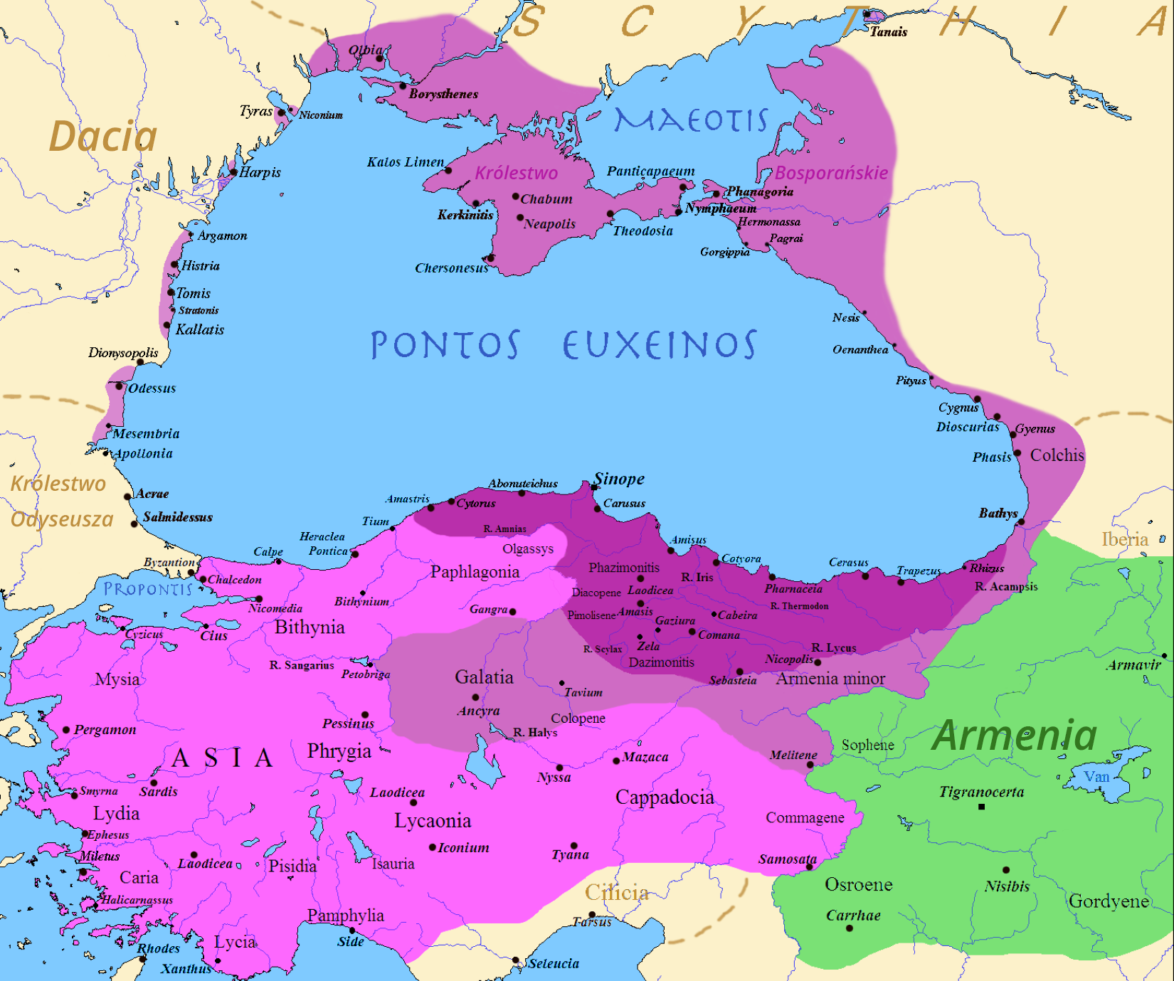 Mapa przedstawia Królestwo Pontu za panowania Mitrydatesa VI Eupatora. Obszary, miasta oraz wody zostały podpisane. Niebieskim kolorem oznaczono duży obszar pośrodku mapy podpisany jako „Pontos Eukseinos” oraz mniejsze na dole mapy. Lądy wokół środka mapy oznaczono intensywnym różem oraz podpisano czarnymi literami. Największy z nich to „ASIA”. Po prawej stronie, na dole, obecny jest oznaczony zielenią obszar podpisany jako „Armenia”. U góry obecne są żółte obszary oznaczone jako „Dacia” i „królestwo Odyseusza” z lewej strony, a także „Scythia” u góry i po prawej stronie. Miasta zostały zaznaczone czarnymi kropkami.