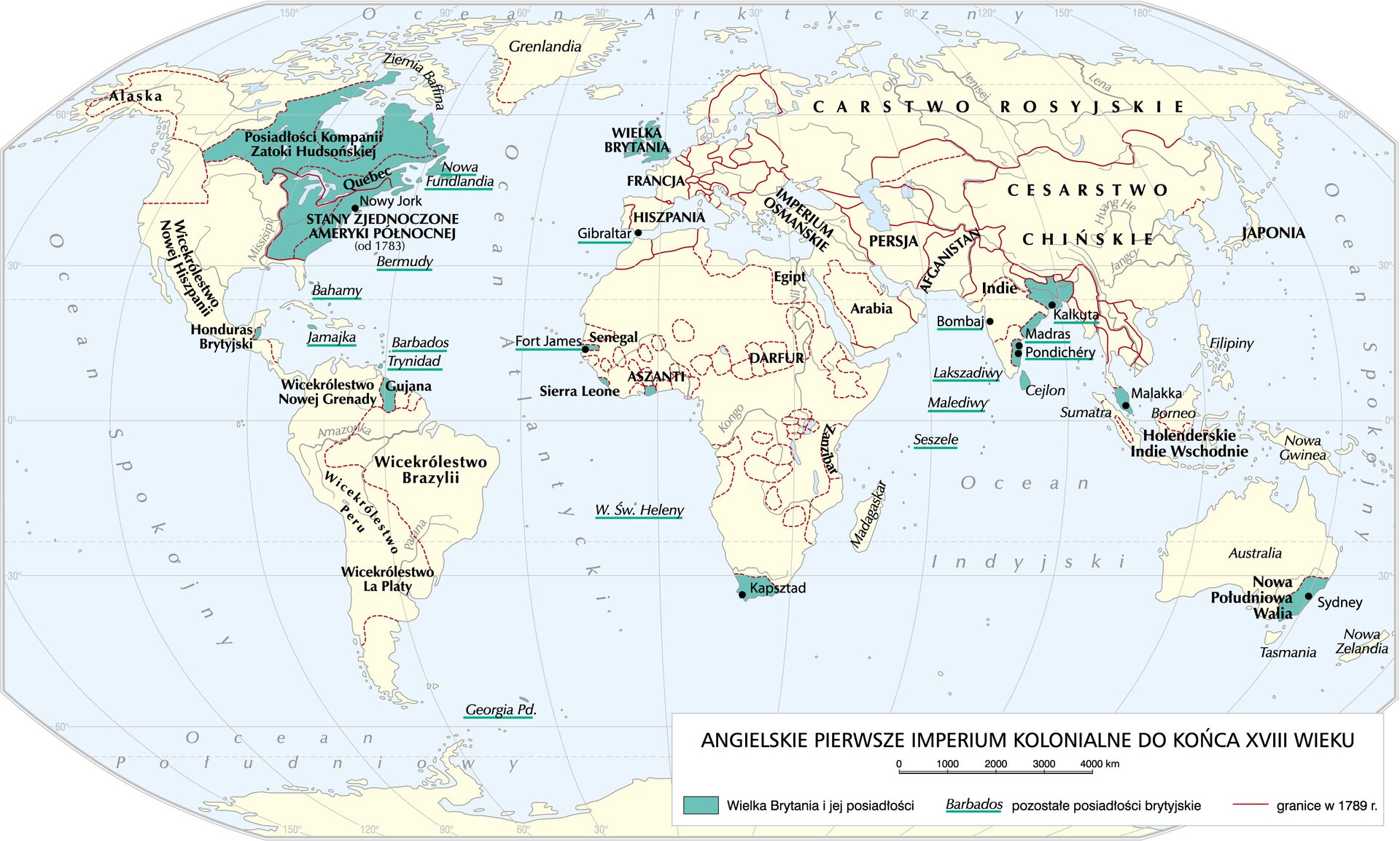 Mapa przedstawia angielskie imperium kolonialne do końca osiemnastego wieku. Posiadłościami Wielkiej Brytanii były Posiadłości Kompanii Zatoki Hudsońskiej, Nowa Fundlandia, Bermudy, Stany Zjednoczone Ameryki Północnej od 1783 roku, Bahamy, Jamajka, Barbados, Trynidad, Gujana, Georgia Południowa, Wyspa Świętej Heleny, Kapsztad, Sierra Leone, Aszanti, Fort James, Senegal, Gibraltar, Seszele, Malediwy, Lakszadiwy, Bombaj, Kalkuta, Madras, Pondichery, Cejlon, Malakka, Nowa Południowa Walia z Sydney.