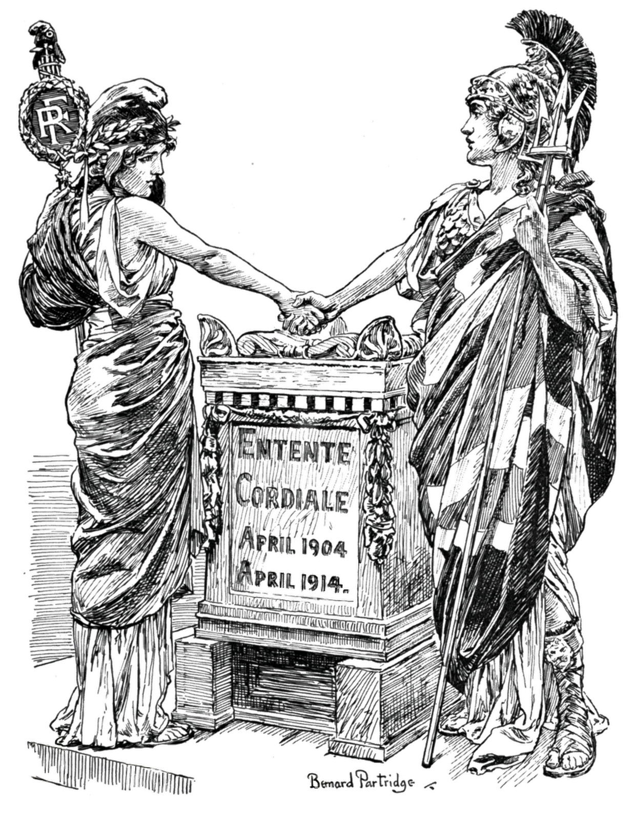 Kliknij, aby powiększyć Grafika przedstawia dwie kobiety w strojach wzorowanych na antyczne. Lewa postać stanowi personifikację Francji, prawa - Wielkiej Brytanii. Rozpoznajemy je po odpowiednich atrybutach: postać z lewej ma na głowie czapkę frygijską, atrybut pochodzących z czasów rewolucji francuskiej; postać z prawej - trójząb będący symbolem panowania na morzach. Kobiety podają sobie ręce w geście przyjaźni. Na postumencie umieszczony został napis: “kwiecień 1904 - kwiecień 1914”. Postument znajduje się na dwóch wystających filarach. Kobieta z prawej stronie ma hełm imperialno‑galijski. Kobieta po lewej kij zakończony okręgiem z literami FR.