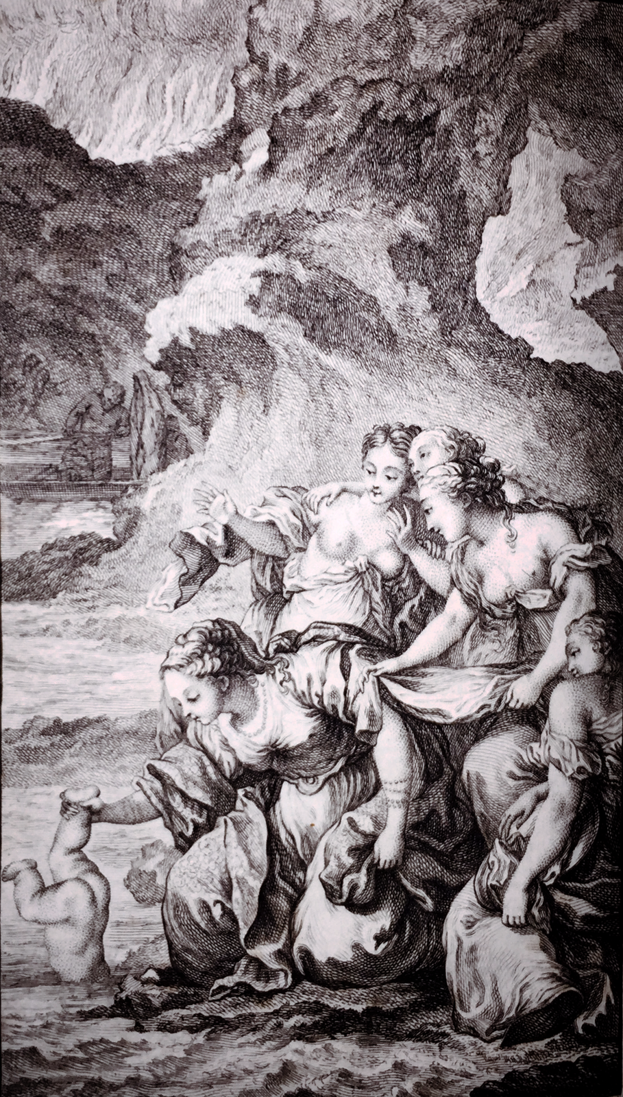 Ilustracja przedstawia półnagie kobiety nad brzegiem rzeki. Jedna z nich trzyma za nogę dziecko z zanurzoną głową w wodzie. Pozostałe kobiety przyglądają się z zaciekawieniem.  