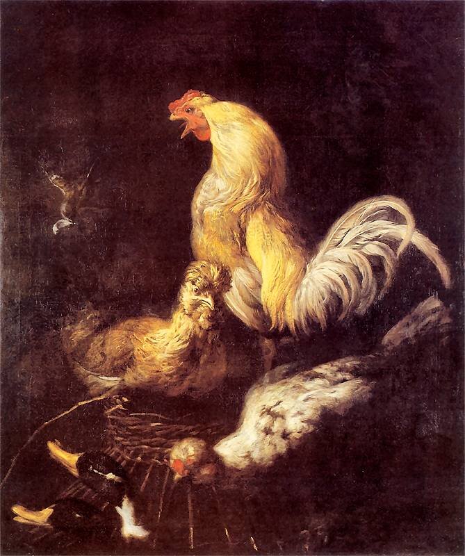 Kliknij, aby powiększyć. Obraz przedstawia sylwetki koguta oraz dwóch kur, a także dwie głowy kaczek. W centralnej części obrazu widoczny jest kogut z głową skierowaną w lewą stronę. Ptak stoi bokiem do widza. Otwiera dziób. Jego głowa jest wybarwiona na czerwono, łącznie z grzebieniem i dzwonkami. Reszta ciała koguta jest żółto‑pomarańczowa, a ogon biały. Pod kogutem stoi kura, która wpatruje się prosto w widza. Jej pióra są w kolorze brązowo‑pomarańczowym. Kogut i kura stoją na odwróconym, wiklinowym koszu. Obok kosza stoi druga kura, która pochyla głowę w dół. Kura ma głowę skierowaną w lewą stronę i stoi do widza bokiem. Jest w kolorze biało‑czarnym. Obok niej, w lewym, dolnym rogu, widoczne są dwie głowy kaczek. Ich głowy są czarne, dzioby pomarańczowe, a na karku jednej z nich jest biała plama. Tło obrazu jest ciemnobrązowe. Obraz utrzymany jest w czarno‑pomarańczowo‑żółtej kolorystyce.