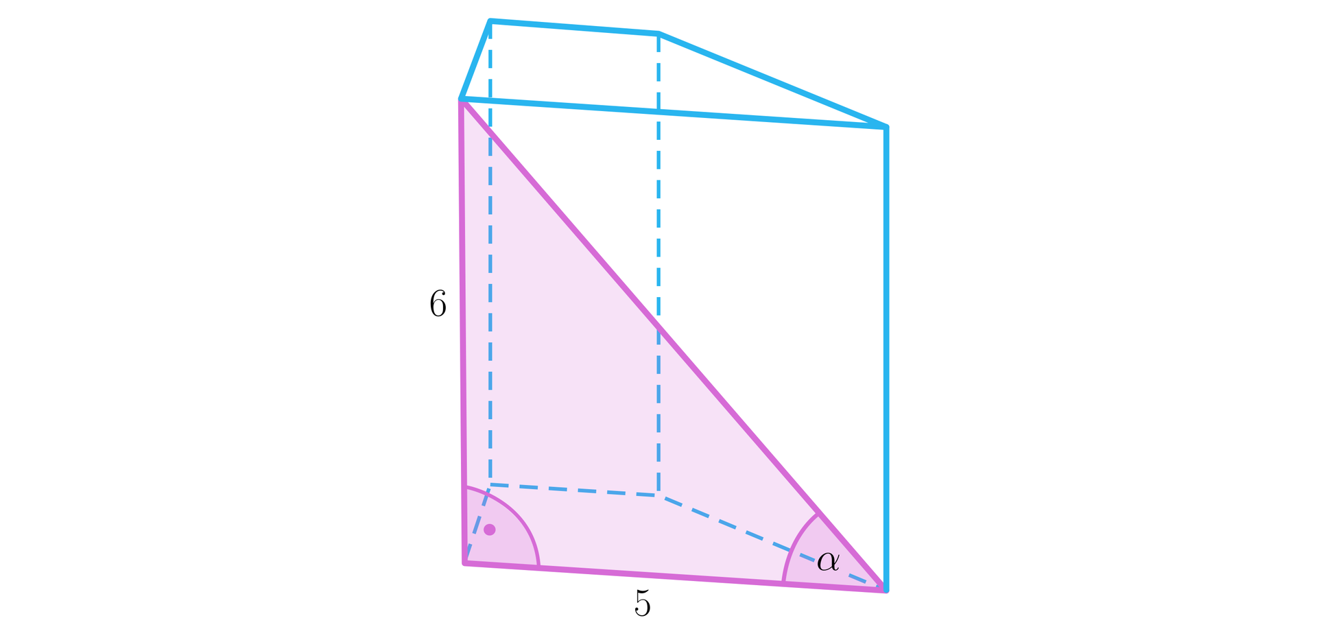 Ilustracja przedstawia graniastosłup prosty o podstawie trapezu prostokątnego. W trapezie zaznaczono krawędź dolnej podstawy, która stanowi dłuższą podstawę trapezu, przekątną ściany bocznej i krawędź ściany bocznej. Linie te tworzą trójkąt prostokątny, przy czym krawędź podstawy i krawędź ściany bocznej stanowią przyprostokątne, a przekątna ściany bocznej jest przeciwprostokątną. Kąt pomiędzy krawędzią podstawy a przekątną ściany bocznej jest podpisany literą alfa. Krawędź ściany bocznej ma długość sześć. Krawędź podstawy ma długość pięć.