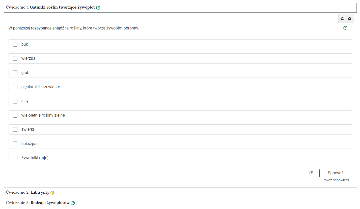 Zdjęcie przedstawia przykładowy wygląd zakładek zawierających interaktywne materiały sprawdzające. Składają się one z prostokątnych paneli umieszczonych jeden pod drugim. Każdy panel posiada numer oraz tytuł, który nawiązuje do zawartego w nim zadania.