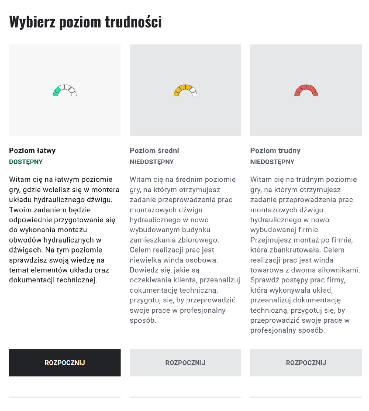 Okno wyboru poziomu gry. Na górze znajduje się napis: Wybierz poziom trudności poniżej trzy obrazki z opisami określające poziomy. Pierwsza grafika przedstawia żółty kask. Niżej napis: Wstęp przegląd linii produkcyjne. Poniżej zielony napis: Dostępny. Poniżej opis na czym polega poziom. Na dole klawisz rozpocznij. Kolejne dwie grafiki symbolizują poziom łatwy oraz poziom trudny, obydwa poziomy są niedostępne. Poniżej tej informacji znajduje się opis poziomów, poniżej nieaktywne klawisze z napisem: rozpocznij.