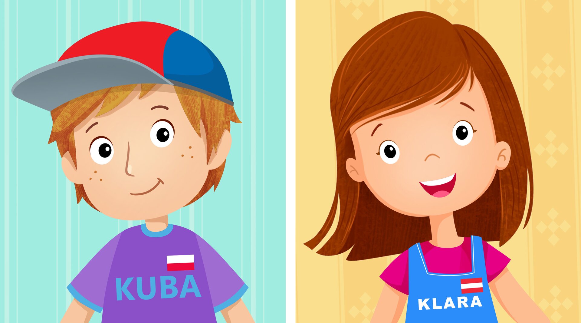 Ilustracja przedstawia chłopca o imieniu Kuba oraz dziewczynę o imieniu Klara. Chłopiec ma przypiętą flagę Polski do ubrania, a dziewczynka flagę Austrii.